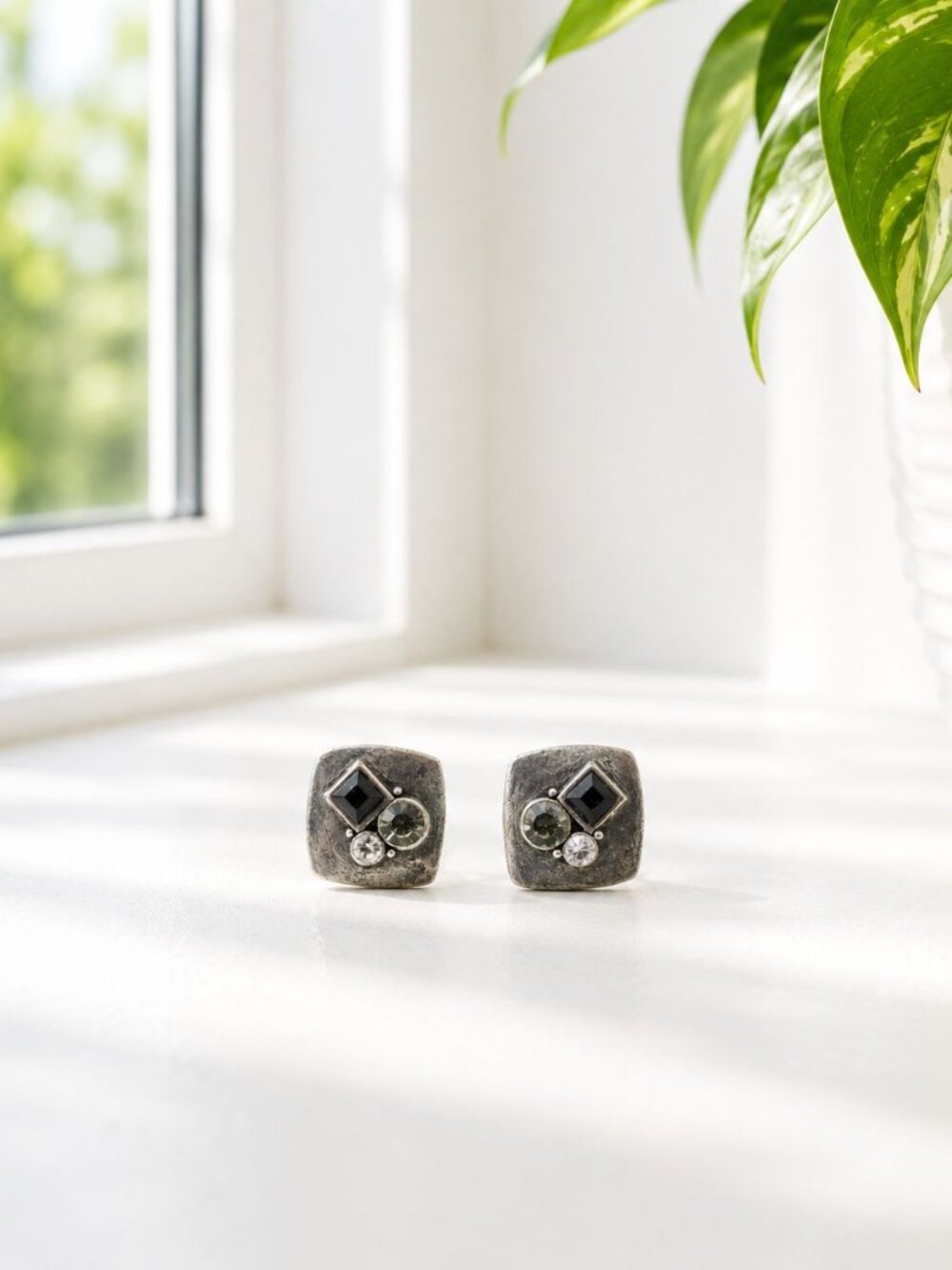 Vintage Square Clip On Earrings With Black And Clear Rhinestones